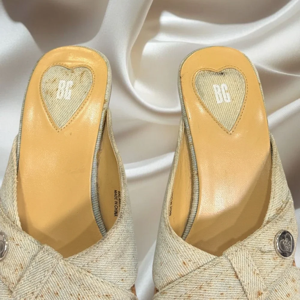 Y2K BG Denim Cork Heel Platform Square Toe Mules Size 7 Chunky‎